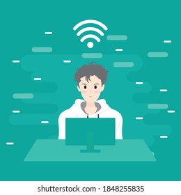 vector illustartion of man doing video meeting from pc in house with green background. research man working. gadgets