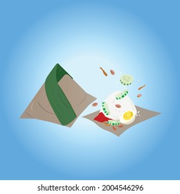 Vector illustartion of ' nasi lemak ' that famous among malaysian and indonesian. Can use as banner, wallapaper, promotion and business. It  wrapped in banana leaves and newspapers.