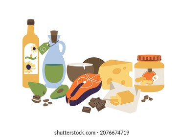 Vector illustartion set of fat nutrition food. Keto diet products. Healty eating concept