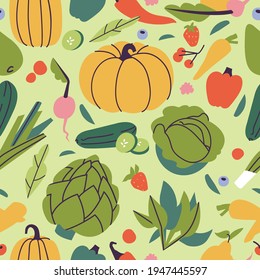 Vector illustartion set of fruit and vegetables. Seamless pattern. Vegetarian healthy food.