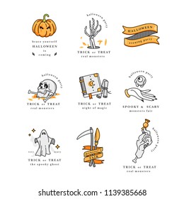 Vector illustartion set of linear icons for Happy Halloween. Badges and Labels. Trick or treat stickers. Typography quotes