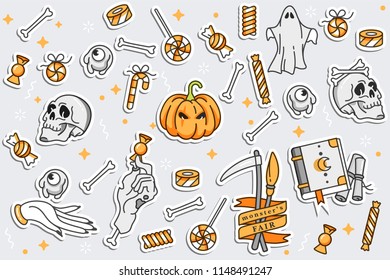 Vector illustartion set of linear icons for Happy Halloween. Badges and Labels. Patch badges and pins