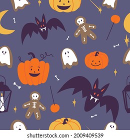 Vector illustartion set of linear icons for Happy Halloween. Trick or treat symbol. Background or seamless pattern