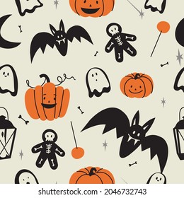 Vector illustartion set of linear icons for Happy Halloween. Trick or treat symbol. Background or seamless pattern