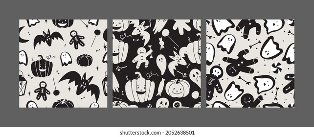 Vector illustartion set of linear icons for Happy Halloween. Trick or treat symbol. Background or seamless pattern