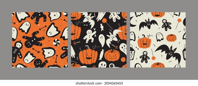 Vector illustartion set of linear icons for Happy Halloween. Trick or treat symbol. Background or seamless pattern