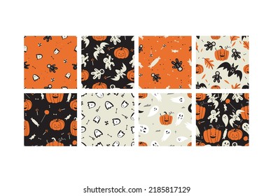 Vector illustartion set of linear icons for Happy Halloween. Trick or treat symbol. Background or seamless pattern