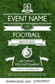 Vector illustartion of sport flyer, invitation card with realistic grass background. Football tournament design template.