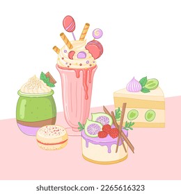 Ilustración vectorial de postre dulce y batido. postre mousse, paz de pastel, macaron.