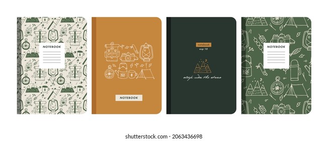Vector illustartion templates cover pages for notebooks, planners, brochures, books, catalogs. Backgrounds with traveling symbols ans signs.