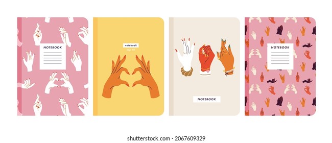 Vector illustartion templates cover pages for notebooks, planners, brochures, books, catalogs. Ethnic human hands in in different gestures