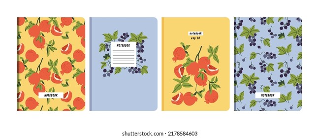 Portadas de las plantillas de iluminación de vectores para portátiles, planificadores, folletos, libros, catálogos. Papeles de frutas con granada y grosella negra