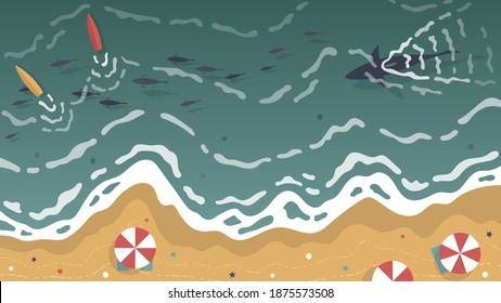 vector illustartion of top view beach background with objects and fishes. 