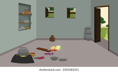 Vector Illustation of a Cartoon kitchen indoor. Indian village kitchen interior design