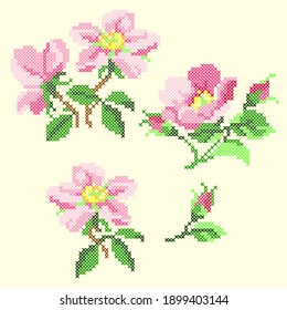 Vector Illustation Cross Stitch Pink Flowers