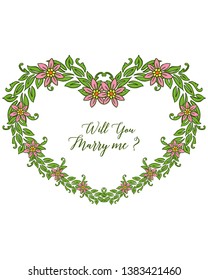Vector illustation elegant green leafy floral frame with greeting card will you marry me