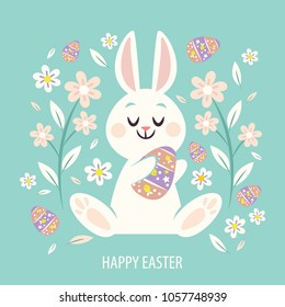 Vector illustation - greeting card Happy Easter with cute bunny, festive eggs and flowers