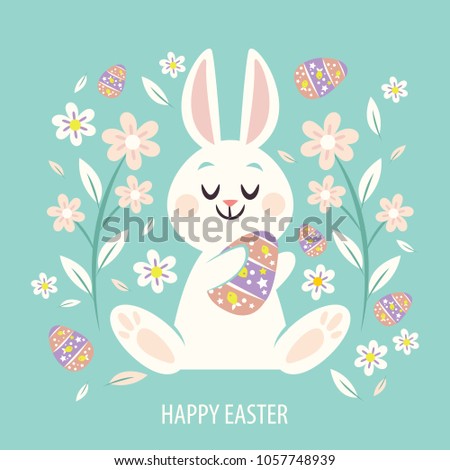 Vector illustation - greeting card Happy Easter with cute bunny, festive eggs and flowers