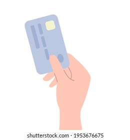 Vector Illustation With Hand Holding Credit Card. Payment, Transaction Or Purchase. Isolated On White Background. Bank Card Buying Process. Cartoon Artwork In Flat Style