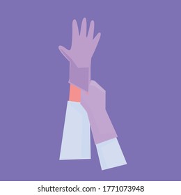 Vector illustation with hands putting on protective  gloves. Latex gloves as a symbol of protection against viruses and bacteria. Flat design illustration. Isolated on background.