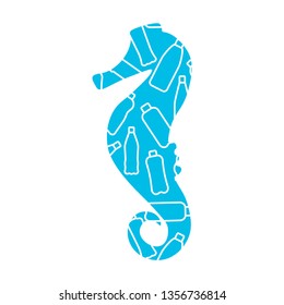 Vector illustation with isolated white outline icons of plactic bottles in the World ocean framed by sea Horse silhouette. Plastic pollution. White background