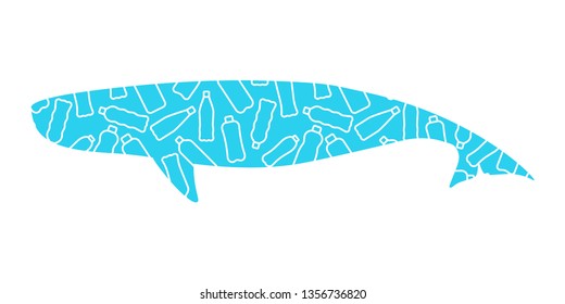 Vector illustation with isolated white outline icons of plactic bottles in the World ocean framed by whale silhouette. Plastic pollution. White background