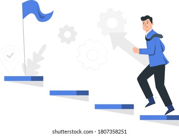 Vector illustation of a man walking up stairs. Success, promotion, progress