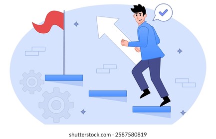 Vector illustation of a man walking up stairs. Success, promotion, progress.