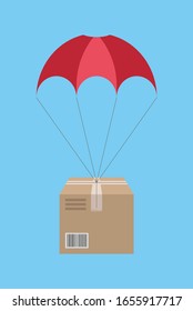 A vector illustation of a package flying on parachute on light blue background. Symbol of dropshipping. Drop shipping online store icon