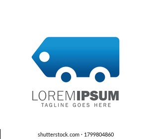 A vector illustation of prize tag car logo sign in blue with simple wheel added to form a simple car with it