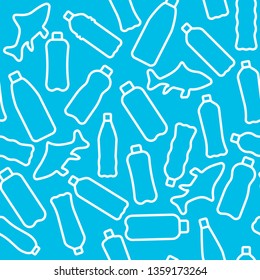 Vector illustation seamless pattern with isolated icons of plactic bottles and fishes. World ocean pollution. Separate garbage collection. White background.