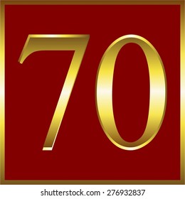 Vector illustation of Seventy. Golden number 70 in a frame on a red background.