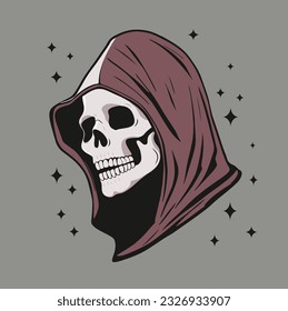 Vector Illustation with Skeleton Head in a Hood. Halloween Print with Human Skull on a Dark Gray Background. Scary Reaper Portrait ideal for Poster, Wall Art, Shirt, Label. Scary Hooded Death.