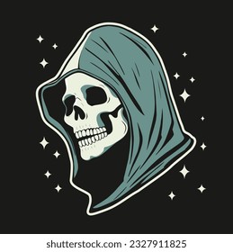 Vector Illustation with Skeleton Head in a Hood. Halloween Print with Human Skull on a Black Background. Scary Reaper Portrait ideal for Poster, Wall Art, Shirt, Label. Scary Hooded Death.