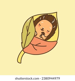 Vector illustation with sleeping hengehog on the leaves