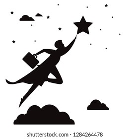 Vector illustation of super businessman flying high reaching star, black and white silhouette