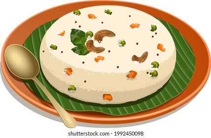 Vector illustation of Upma made of samolina or rava, most famous south indian breakfast item which is beautifully arranged in a plate and garnished with fried cashew nut and curry leaves . 