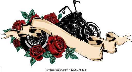 vector illustation vintage chopper motorcycle and roses poster
