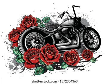 vector illustation vintage chopper motorcycle and roses poster