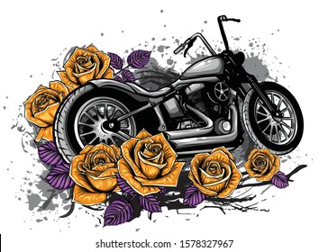 vector illustation vintage chopper motorcycle and roses poster