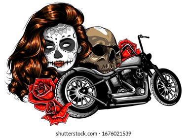 vector illustation vintage chopper motorcycle and roses poster