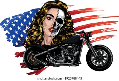 vector illustation vintage chopper motorcycle with woman face and american flag