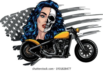 vector illustation vintage chopper motorcycle with woman face and american flag