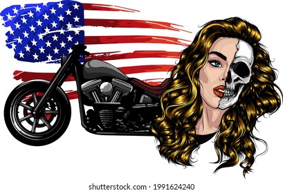 vector illustation vintage chopper motorcycle with woman face and american flag