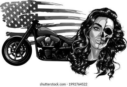 vector illustation vintage chopper motorcycle with woman face and american flag