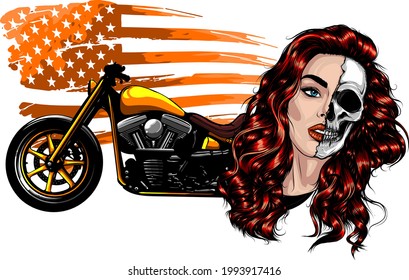 vector illustation vintage chopper motorcycle with woman face and american flag
