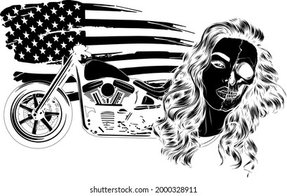 vector illustation vintage chopper motorcycle with woman face and american flag