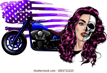 vector illustation vintage chopper motorcycle with woman face and american flag