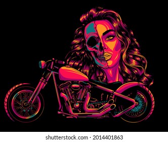 vector illustation vintage chopper motorcycle with woman face