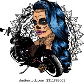 motocicleta vintage chopper con maquillaje de cráneo femenino